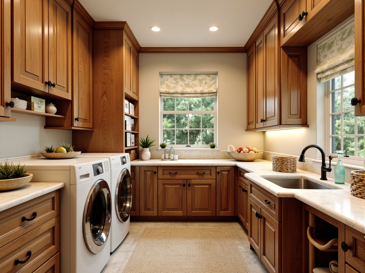 Prompt: Cozy traditional laundry room, warm wooden cabinetry, soft cream-colored walls, elegant Victorian-era inspired fixtures, ornate metal hardware, rich walnut wood tones, classic Shaker-style cabinets, decorative ceramic knobs, creamy white marble countertops, soft pastel-hued fabrics, natural stone flooring, ample storage space, rustic woven baskets, vintage-inspired laundry accessories, warm golden lighting, shallow depth of field, 1/1 composition, realistic textures.