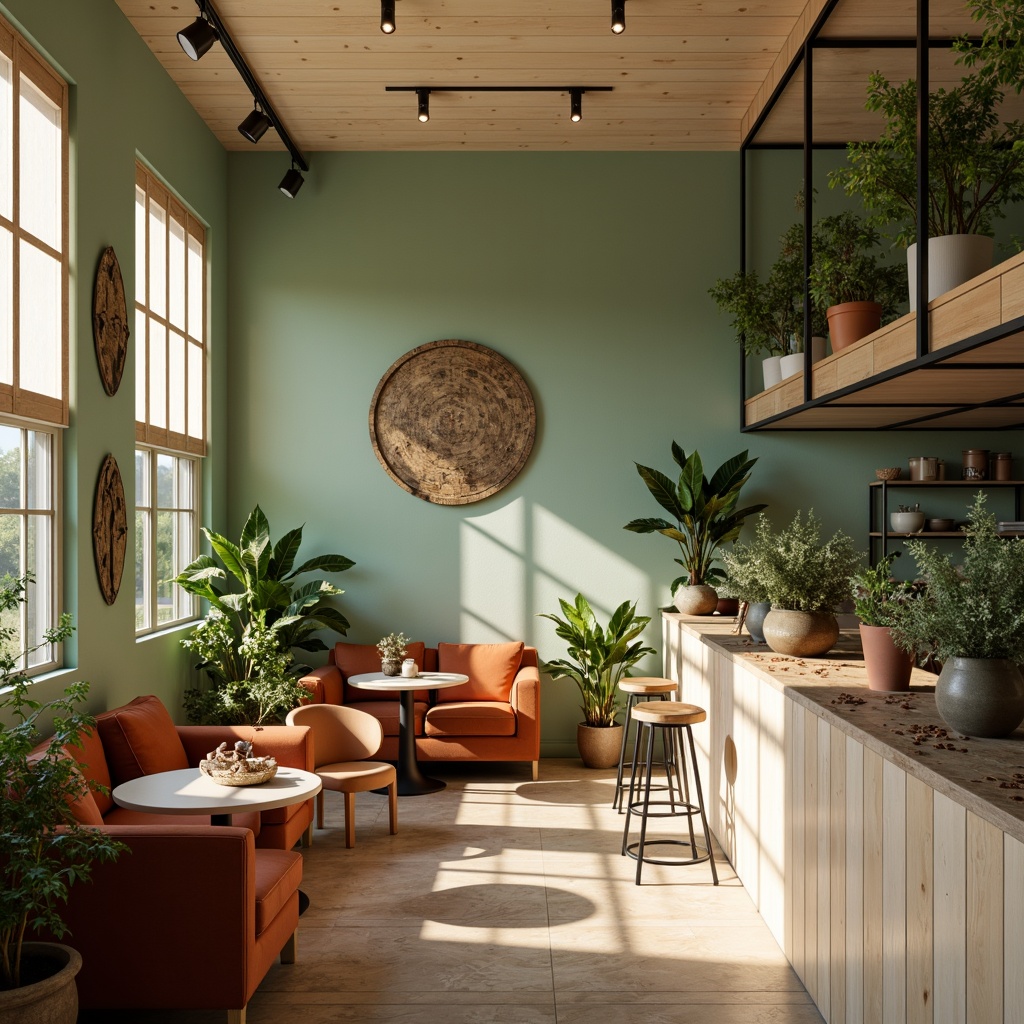 Prompt: Soft mint green walls, warm beige floors, natural wood accents, cozy velvet furniture, earthy terracotta planters, vintage metal decor, rustic wooden tables, creamy white countertops, delicate ceramic cups, rich brown coffee beans, aromatic coffee scent, warm golden lighting, shallow depth of field, 1/2 composition, intimate atmosphere, realistic textures, ambient occlusion.