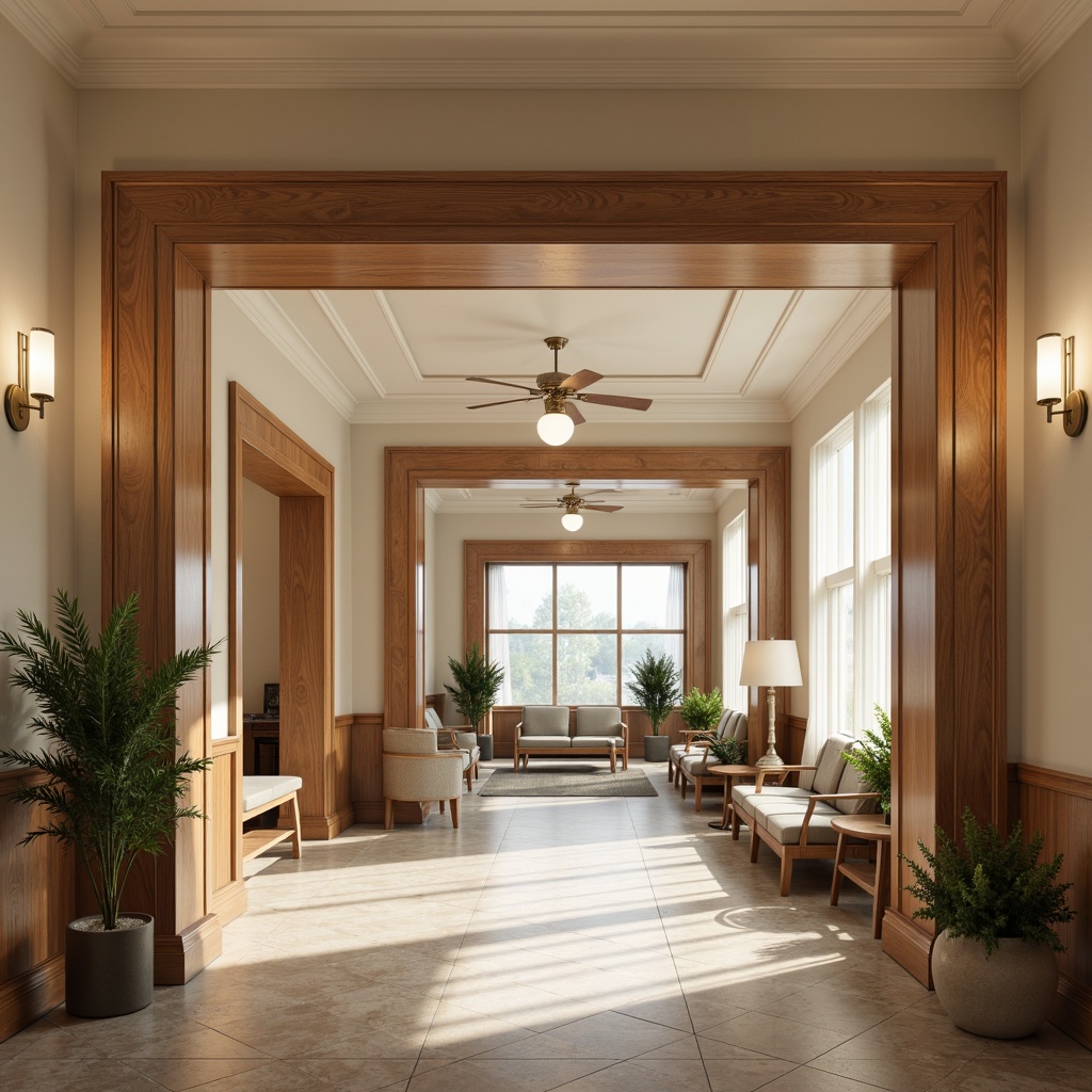 Prompt: Warm beige walls, rich wood tones, soft cream accents, calming blue hues, natural stone flooring, elegant archways, ornate moldings, traditional hospital signage, comfortable waiting areas, plush furnishings, soothing greenery, warm lighting fixtures, subtle texture overlays, shallow depth of field, 1/1 composition, realistic renderings, ambient occlusion.