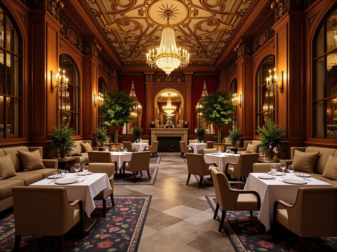 Prompt: Luxurious restaurant interior, ornate moldings, gilded details, grandiose chandeliers, rich velvet drapes, intricate fresco ceilings, lavish furnishings, carved wooden accents, marble floors, ornamental mirrors, dramatic archways, sweeping staircases, opulent textiles, golden lighting fixtures, warm ambient glow, shallow depth of field, 2/3 composition, cinematic camera angles, realistic reflections.