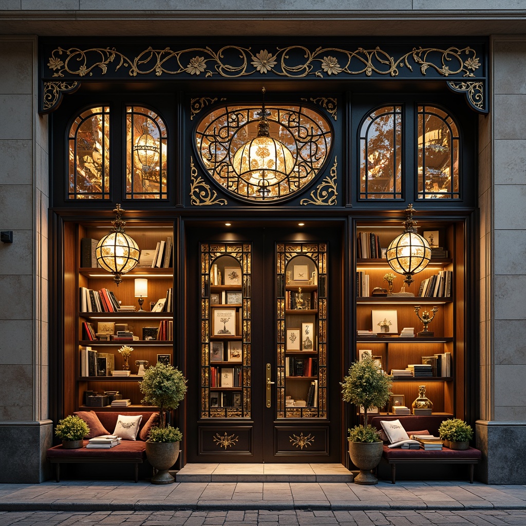 Prompt: Ornate bookstore facade, sinuous lines, flowing curves, organic shapes, stained glass windows, intricate metalwork, ornamental lanterns, floral patterns, botanical motifs, natural stone walls, wooden shelves, leather-bound books, velvet drapes, bronze door handles, grand chandeliers, warm golden lighting, shallow depth of field, 1/2 composition, realistic textures, ambient occlusion.