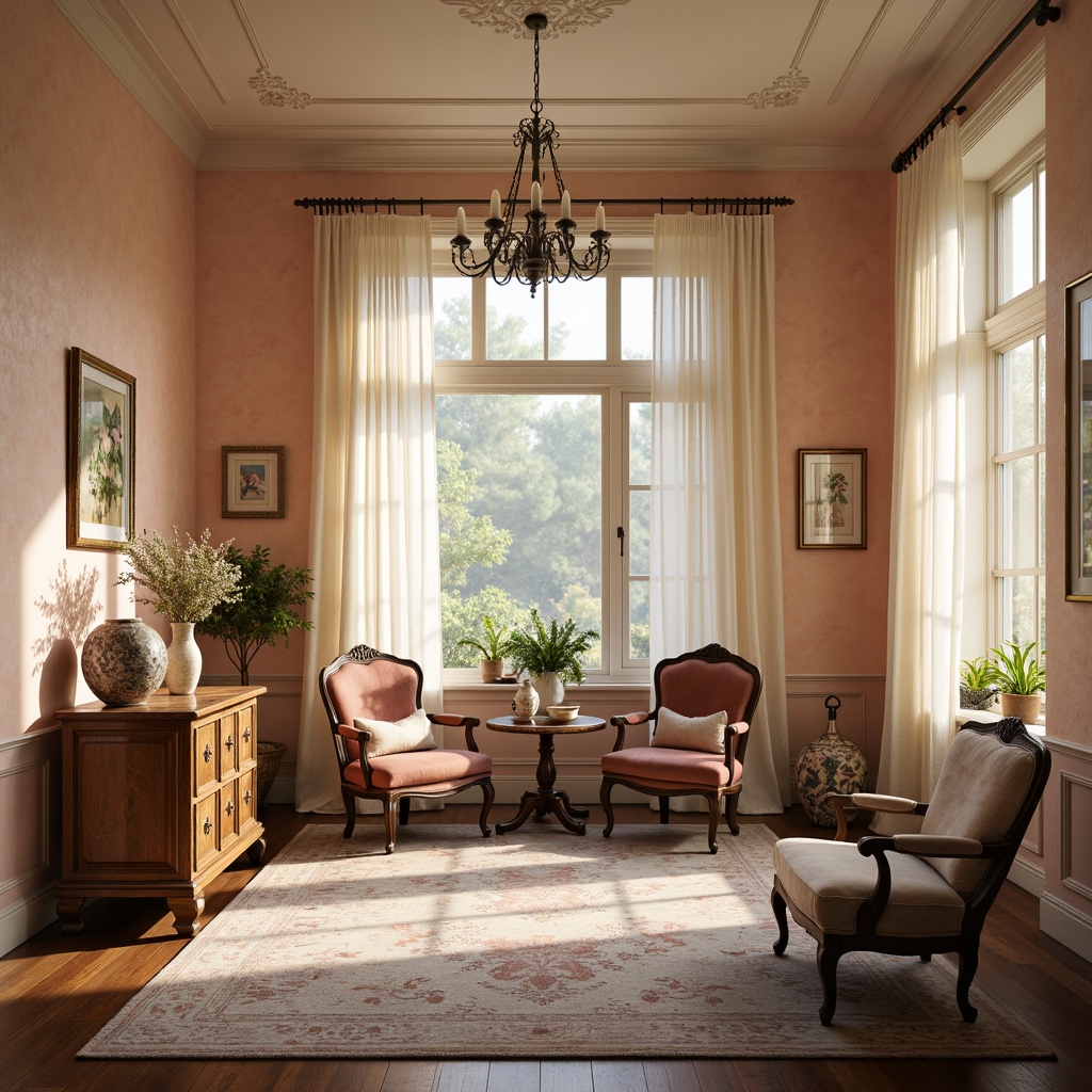 Prompt: Soft peach tones, distressed wood textures, vintage ornate details, lace curtains, floral patterns, pastel hues, worn leather armchairs, antique furniture pieces, rustic metal accents, creamy whites, warm beige walls, elegant chandeliers, subtle gold leafing, delicate porcelain vases, faded botanical prints, romantic candlelight, misty morning atmosphere, shallow depth of field, 1/1 composition, soft focus effect.