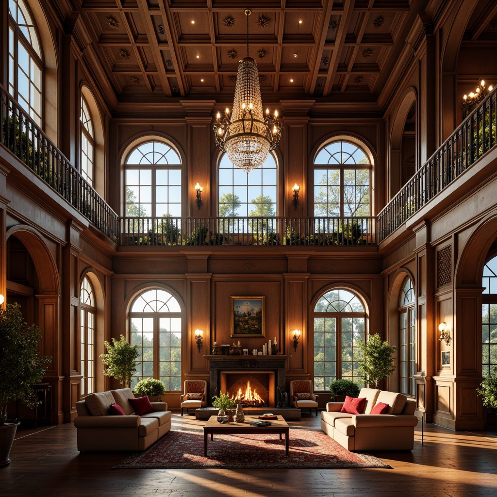 Prompt: Elegant great room, high ceilings, large windows, lavish chandeliers, warm ambient lighting, soft diffused illumination, floor lamps, table lamps, cozy reading nooks, plush furniture, rich wood tones, luxurious fabrics, grand fireplace, crackling fire, warm golden glow, afternoon sunbeams, layered lighting effects, dramatic shadows, 3-point lighting composition, realistic reflections, subtle color grading.