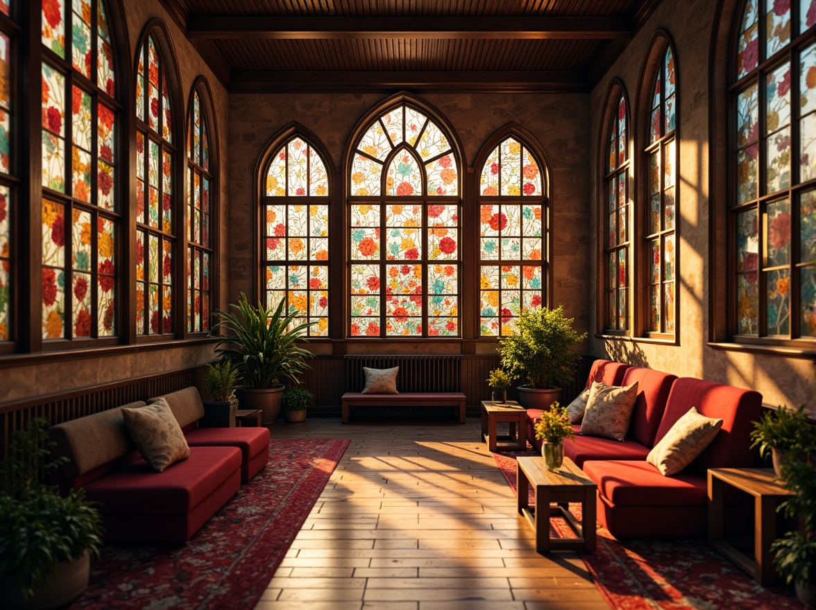 Prompt: Vibrant student hall interior, colorful stained glass windows, ornate metal frames, warm natural light, cozy atmosphere, comfortable seating areas, wooden furniture, rich textiles, traditional architectural style, Gothic-inspired design, spiritual ambiance, peaceful environment, soft warm lighting, shallow depth of field, 1/2 composition, realistic textures, ambient occlusion.