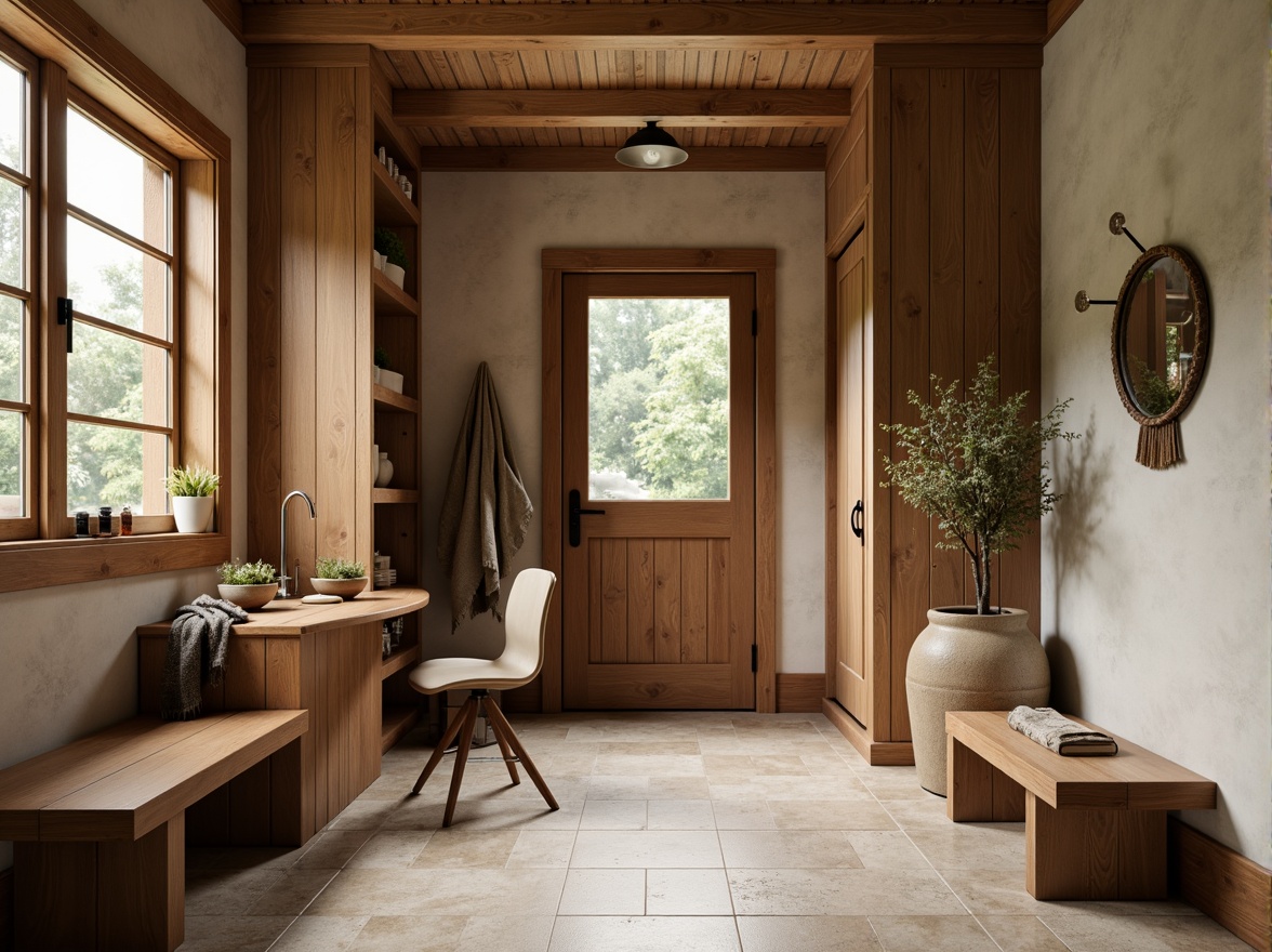 Prompt: Cozy mudroom, rustic wooden accents, earthy color palette, natural stone flooring, textured porcelain tiles, water-resistant surfaces, easy-to-clean materials, warm beige tones, soft ambient lighting, 1/1 composition, shallow depth of field, realistic textures.