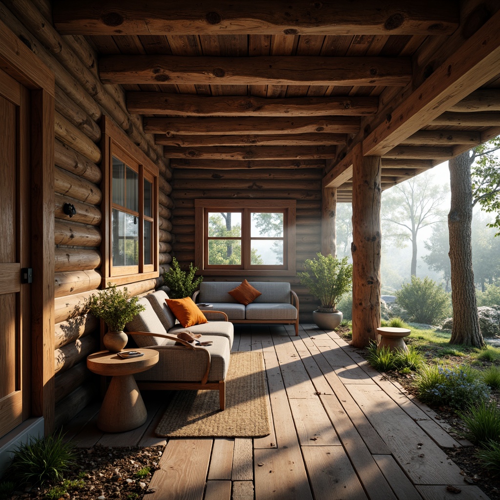 Prompt: Rustic wooden cabin, exposed wood beams, natural textures, earthy tones, cozy atmosphere, warm lighting, traditional architecture, wooden accents, vintage decorations, distressed finishes, rural landscape, forest surroundings, misty morning, soft focus, 1/2 composition, atmospheric perspective, realistic wood grain.