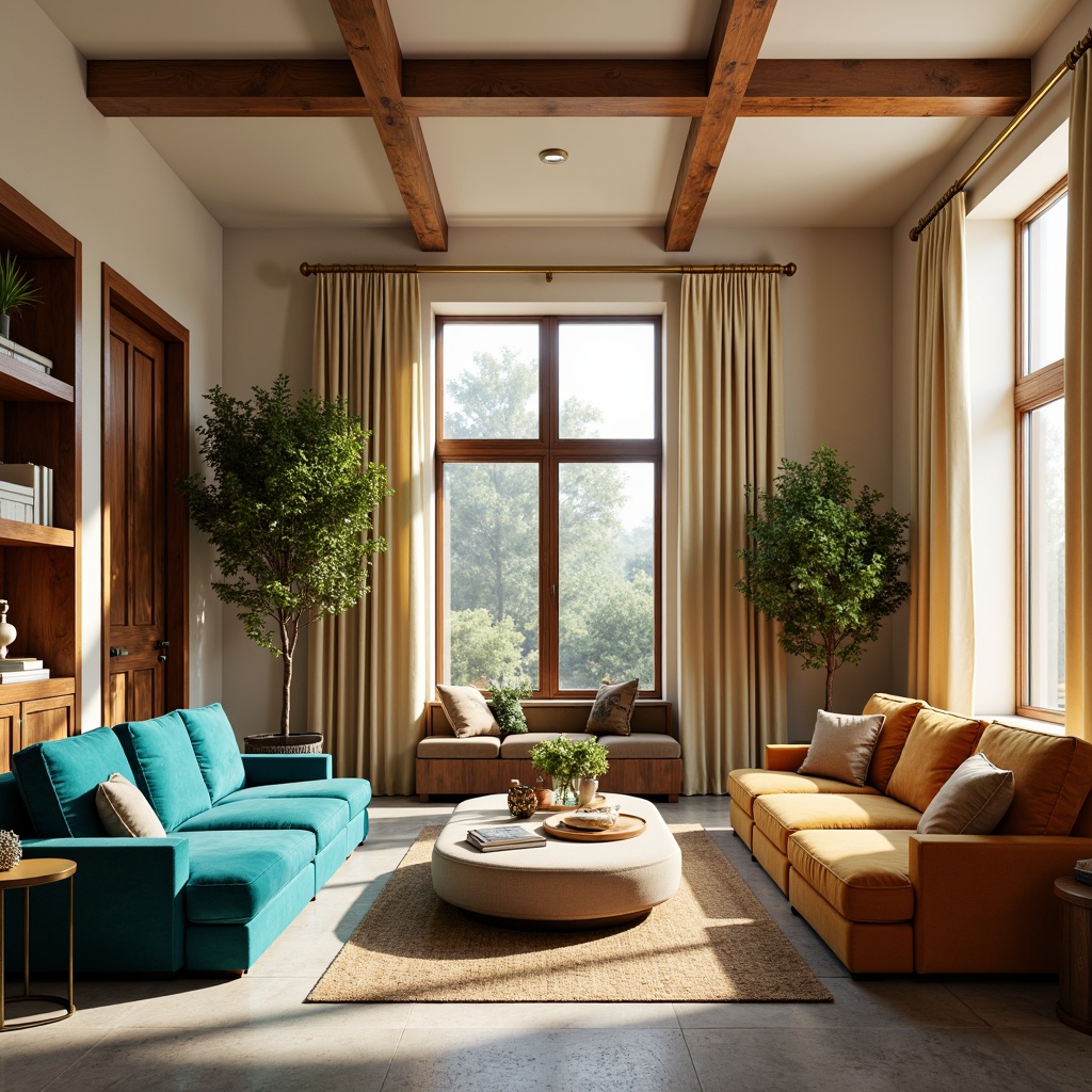 Prompt: Vibrant living room, warm beige walls, rich walnut wood furniture, plush velvet sofas, bold turquoise accents, golden metal lighting, soft cream-colored curtains, natural stone floors, cozy reading nook, large windows, bright morning light, shallow depth of field, 3/4 composition, panoramic view, realistic textures, ambient occlusion.