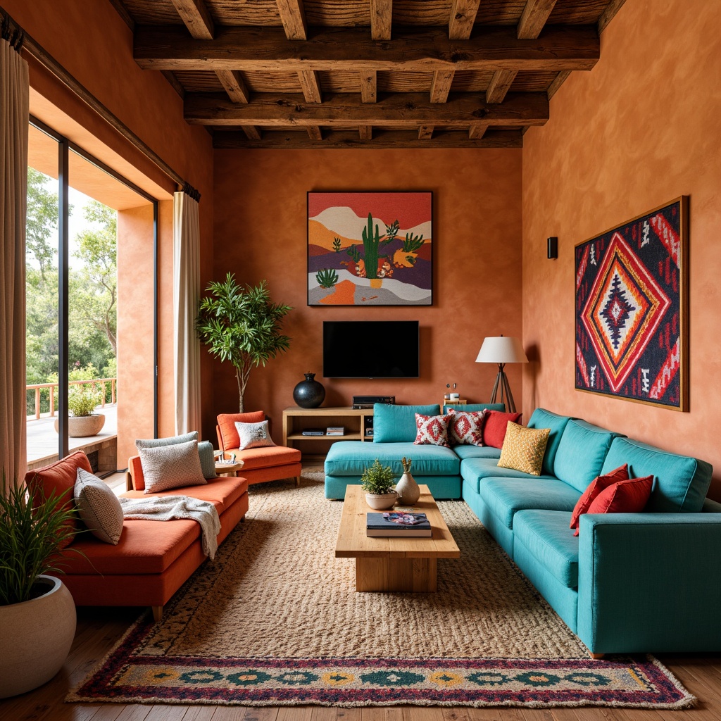 Prompt: Vibrant Southwestern living room, warm earthy tones, rich turquoise accents, plush velvet sofas, woven jute rugs, natural wood coffee tables, geometric patterned textiles, bold Aztec-inspired prints, colorful Navajo blankets, rustic wooden beams, high ceilings, large windows, bright desert sunlight, soft warm lighting, 1/1 composition, realistic textures, ambient occlusion.