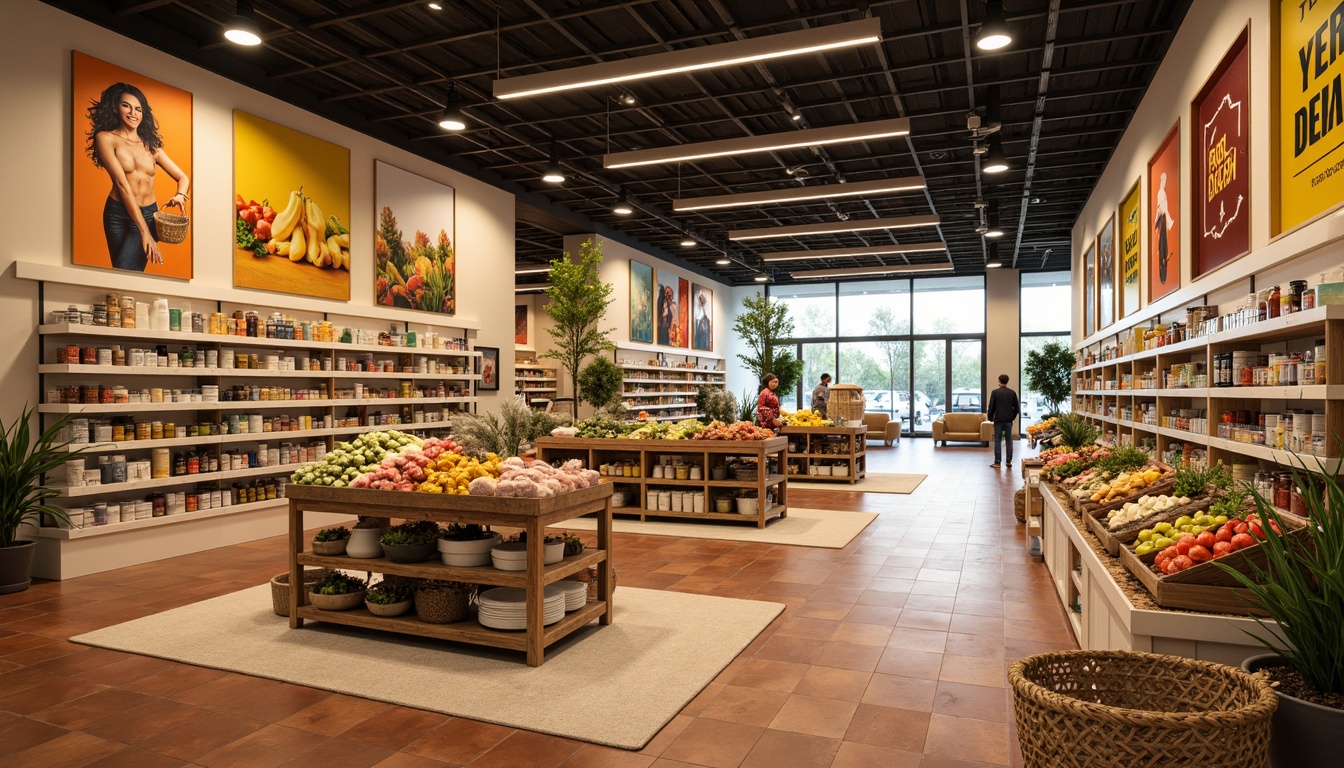 Prompt: Vibrant grocery store interior, warm beige walls, rich wood accents, crisp white shelves, colorful product displays, inviting signage, fresh produce stands, wooden crates, natural fiber rugs, earthy terracotta floors, soft overhead lighting, 1/2 composition, shallow depth of field, realistic textures, ambient occlusion.