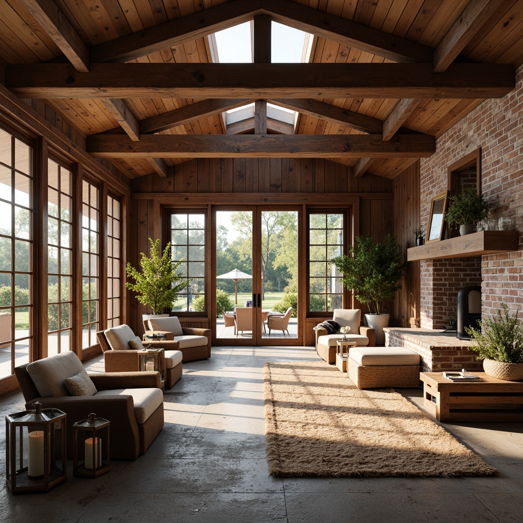 Prompt: Rustic farmhouse interior, wooden beams, exposed brick walls, large windows, sliding glass doors, skylights, clerestory windows, natural stone floors, earthy color palette, vintage metal lanterns, distressed wood furniture, plush textiles, woven baskets, potted plants, soft warm lighting, shallow depth of field, 1/1 composition, panoramic view, realistic textures, ambient occlusion.