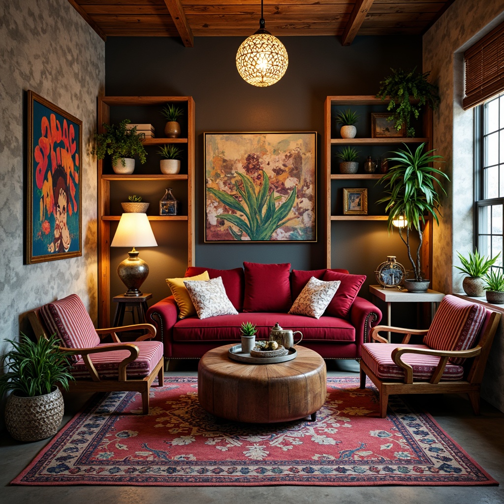 Prompt: Vibrant bohemian living room, rich velvet sofa, ornate wooden armchairs, distressed leather ottoman, colorful Moroccan tiles, eclectic patterned rugs, vintage industrial lamps, metallic accents, natural stone walls, reclaimed wood shelving, bold graffiti artwork, lush greenery, exotic potted plants, warm cozy atmosphere, dramatic spot lighting, shallow depth of field, 1/1 composition, realistic textures, ambient occlusion.