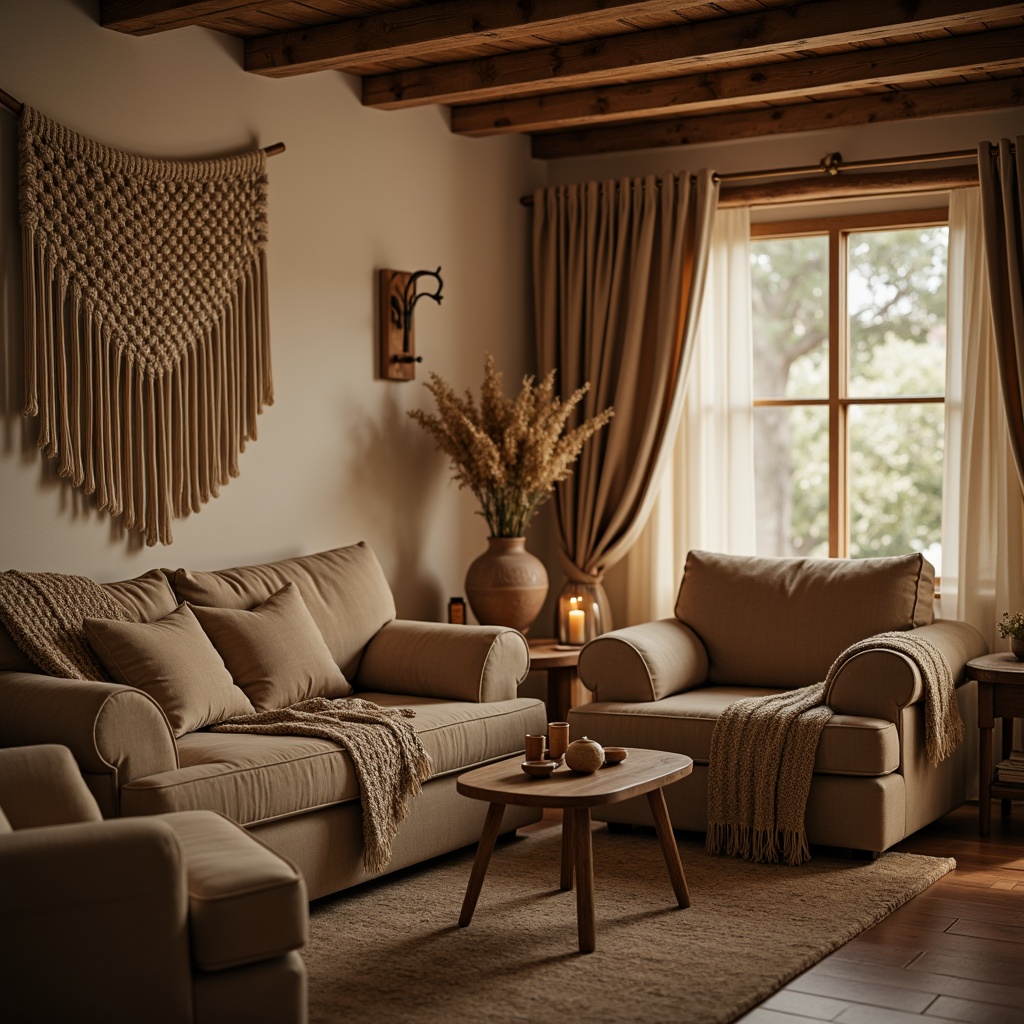 Prompt: Cozy living room, plush velvet sofas, soft corduroy armchairs, chunky woven blankets, macrame wall hangings, natural fiber rugs, warm beige colors, earthy terracotta vases, rustic wooden coffee tables, ambient candlelight, shallow depth of field, 1/1 composition, realistic textures, atmospheric lighting.