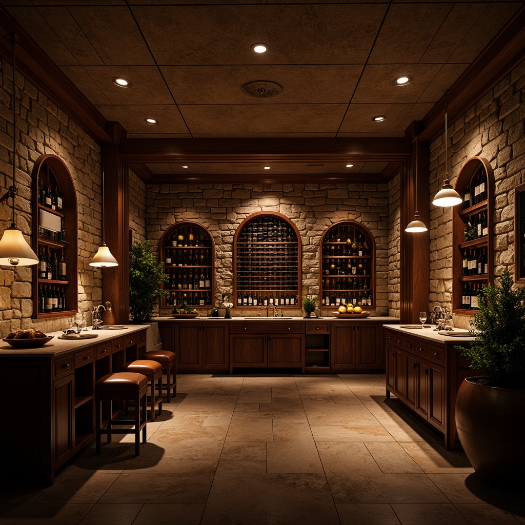 Prompt: Dimly lit wine cellar, rustic stone walls, wooden barrel racks, vintage wine bottles, warm ambient lighting, soft LED strips, subtle floor lamps, dramatic ceiling fixtures, intimate atmosphere, rich wood tones, earthy color palette, cozy seating area, leather-bound chairs, granite countertops, temperature-controlled environment, precise humidity levels, elegant glassware displays, sophisticated wine storage systems, exclusive tasting areas.