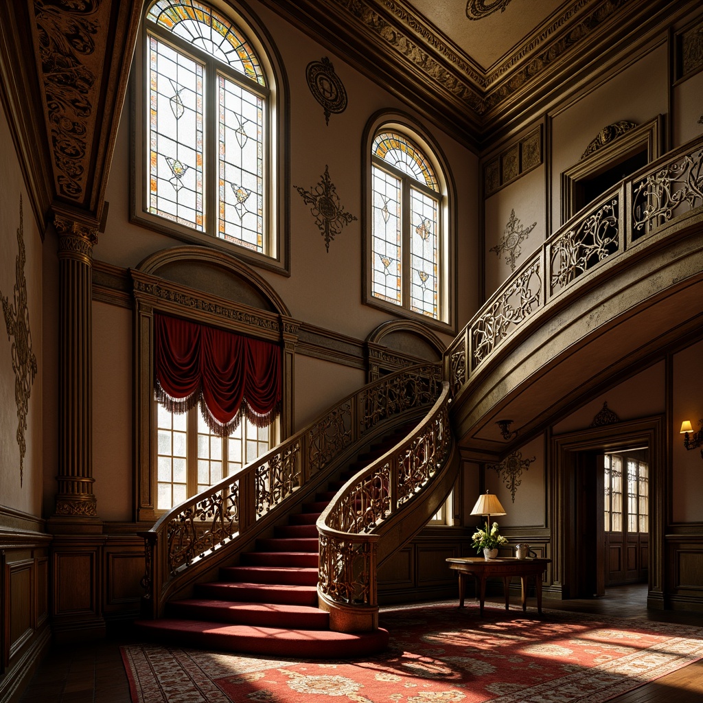 Prompt: Grandiose staircase, ornate railings, flowing curves, botanical motifs, luxurious velvet carpeting, polished bronze banisters, intricate ironwork, Art Nouveau patterns, stained glass windows, soft warm lighting, dramatic shadows, 1/1 composition, shallow depth of field, realistic textures, ambient occlusion.