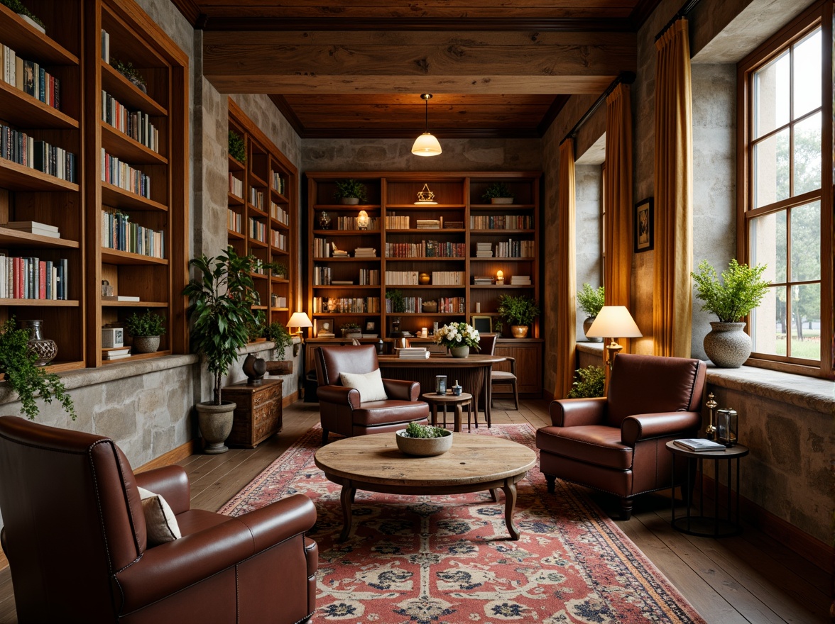 Prompt: Rustic library interior, warm wooden accents, distressed leather armchairs, vintage bookshelves, earthy stone walls, cozy reading nooks, soft candlelight, rich brown furniture, ornate metal fixtures, natural fiber rugs, warm beige tones, comforting atmosphere, subtle wood grain textures, realistic worn effects, shallow depth of field, 1/2 composition, warm golden lighting, inviting ambiance.