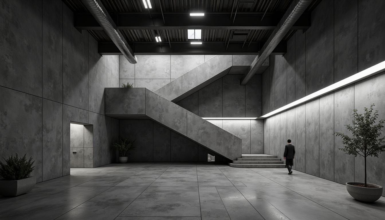 Prompt: Raw concrete walls, brutalist architecture, industrial lighting fixtures, exposed ductwork, minimalist decor, dramatic shadows, high ceilings, grand staircase, sweeping curves, angular lines, cold harsh lighting, fluorescent tubes, metal beams, urban ambiance, industrial textures, monochromatic color scheme, low-key lighting, cinematic atmosphere, wide-angle lens, shallow depth of field, 2/3 composition, dramatic spotlighting.