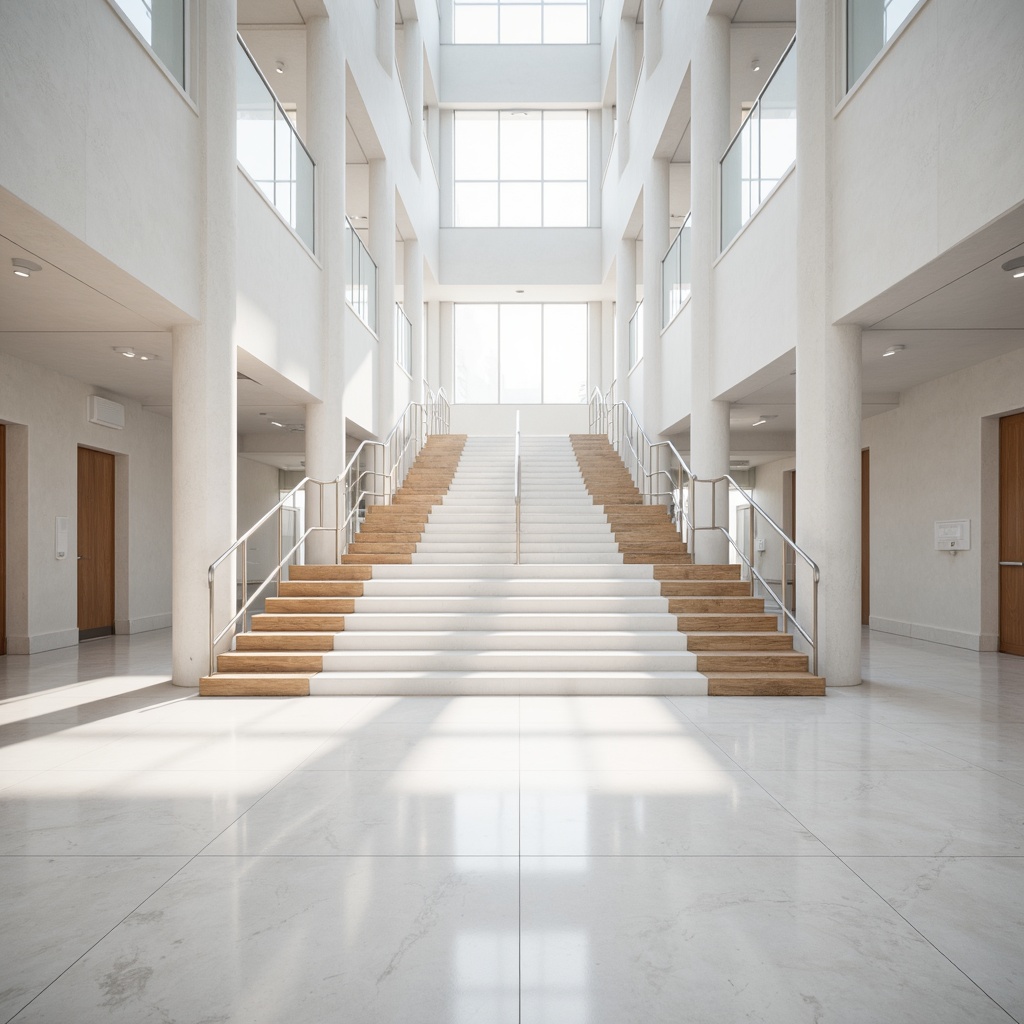 Prompt: Airy atrium, white marble floors, sleek metal railings, floating wooden treads, minimalist banisters, gentle curved lines, soft diffused lighting, subtle shadows, calm atmosphere, modern interior design, empty space, pure simplicity, natural light pouring in, 1/1 composition, low-angle shot, realistic reflections, ambient occlusion.