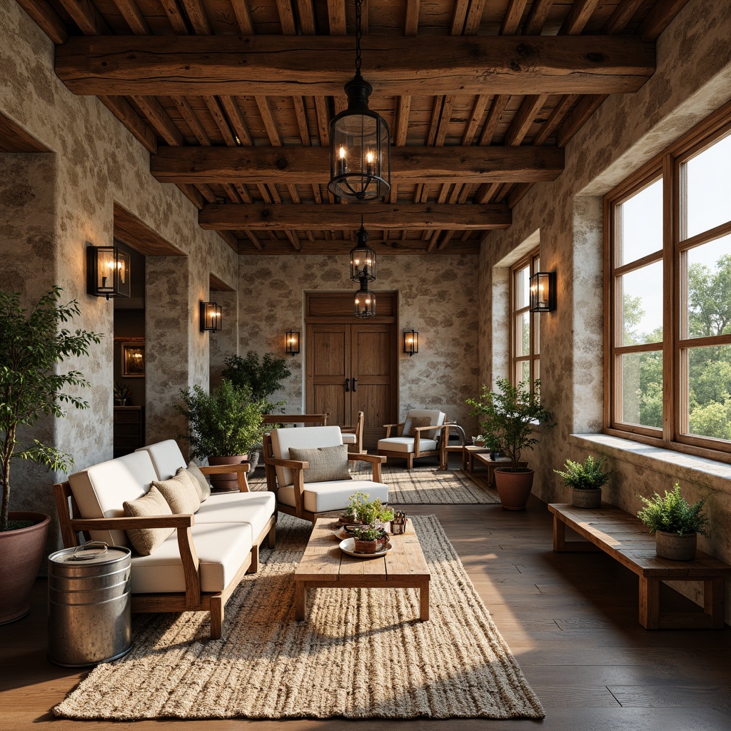 Prompt: Distressed wooden beams, vintage metal lanterns, natural stone walls, earthy color palette, rustic metal accents, reclaimed wood furniture, woven jute rugs, galvanized steel decor, antique farming tools, potted greenery, soft warm lighting, shallow depth of field, 3/4 composition, panoramic view, realistic textures, ambient occlusion.