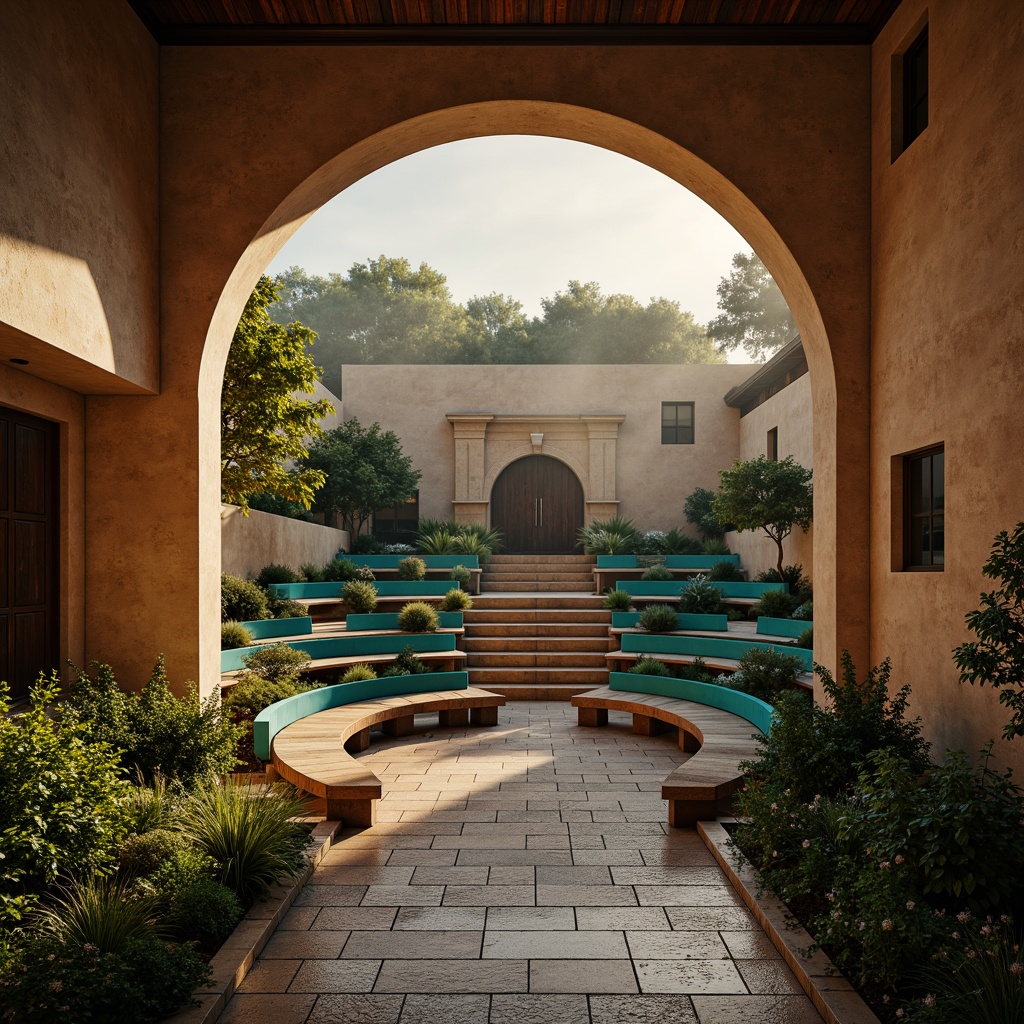 Prompt: Amphitheater seating area, curved stepped rows, natural stone flooring, wooden benches, vibrant turquoise accents, earthy brown tones, warm beige stucco walls, dramatic spotlights, soft sunset glow, misty atmospheric effects, shallow depth of field, 1/1 composition, realistic textures, ambient occlusion.