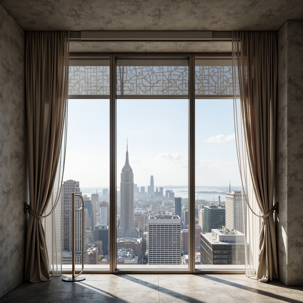 Prompt: Floor-to-ceiling windows, sleek minimalist frames, luxurious silk drapes, flowing sheer curtains, metallic roller shades, geometric patterned valances, urban cityscape views, modernist architecture, Streamline Moderne design, neutral color palette, polished chrome accents, indirect soft lighting, 1/1 composition, shallow depth of field, realistic textures, ambient occlusion.