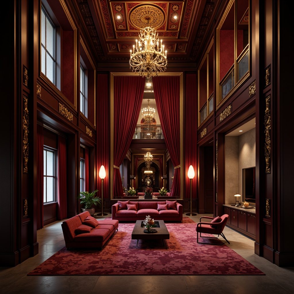 Prompt: Rich maroon accents, luxurious velvet textures, opulent golden frames, lavish ornate details, grand chandeliers, majestic high ceilings, sophisticated urban loft, sleek modern furniture, bold dramatic lighting, intense warm atmosphere, cinematic composition, low-key shadows, deep depth of field.