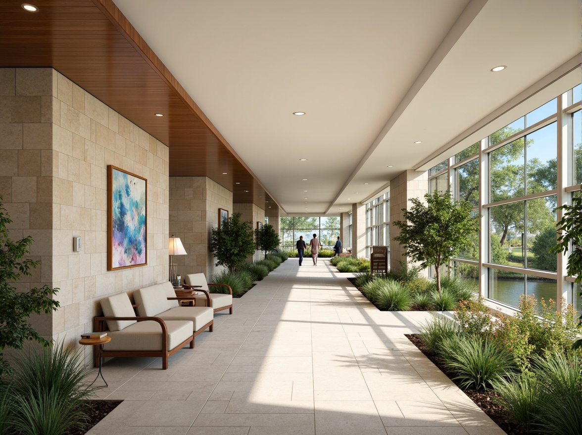 Prompt: Serene hospital corridors, natural stone walls, warm wooden accents, soft pastel colors, calming artwork, lush greenery, vibrant flowers, comfortable seating areas, ample natural light, floor-to-ceiling windows, minimalist decor, sleek metal fixtures, gentle water features, soothing music, peaceful atmosphere, healing gardens, organic shapes, ergonomic furniture, acoustic comfort, warm color temperature, shallow depth of field, 1/2 composition, realistic textures, ambient occlusion.