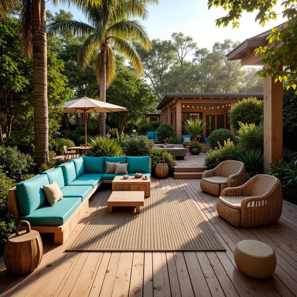 Prompt: Cozy patio, warm wooden decking, plush sectional sofas, vibrant turquoise cushions, natural fiber rugs, woven wicker armchairs, rustic metal benches, lantern-style string lights, lush greenery surroundings, tropical plants, sunny afternoon, soft gentle breeze, 1/2 composition, shallow depth of field, warm golden lighting.