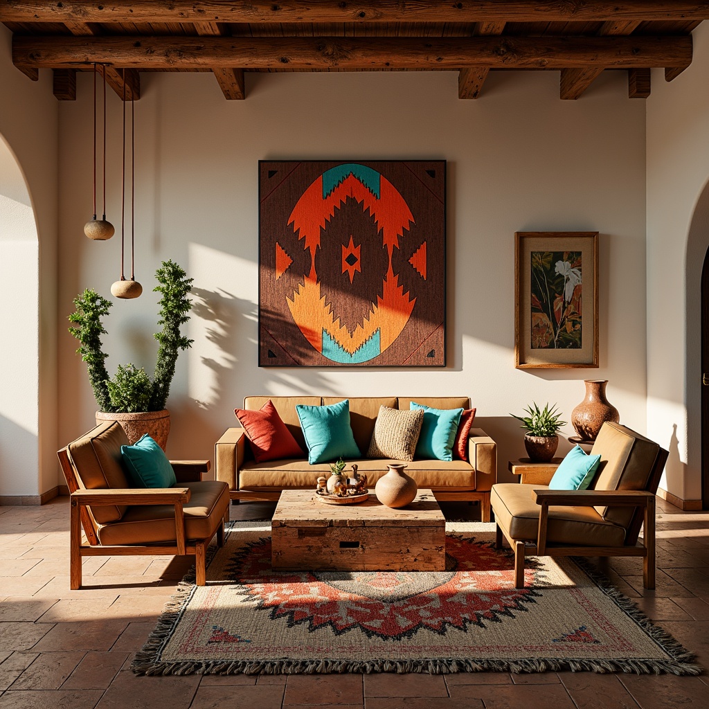 Prompt: Vibrant Southwestern living room, bold Navajo patterns, rich turquoise accents, plush wool textiles, chunky woven rugs, distressed leather armchairs, rustic wooden coffee tables, earthy clay vases, cactus-inspired decorative accents, warm desert sunlight, soft warm lighting, shallow depth of field, 3/4 composition, realistic textures, ambient occlusion.