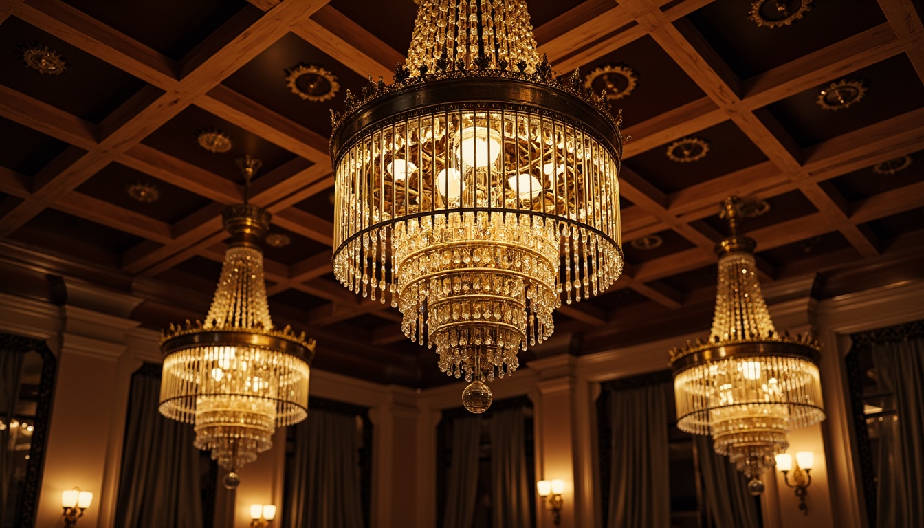 Prompt: Ornate chandeliers, grand crystal drops, golden accents, intricate metalwork, warm soft lighting, candle-like ambiance, rustic wooden beams, ornamental ironworks, majestic ceiling heights, regal velvet drapes, Baroque-inspired patterns, rich jewel tones, subtle warm glows, dramatic shadows, 3/4 composition, realistic textures, ambient occlusion.