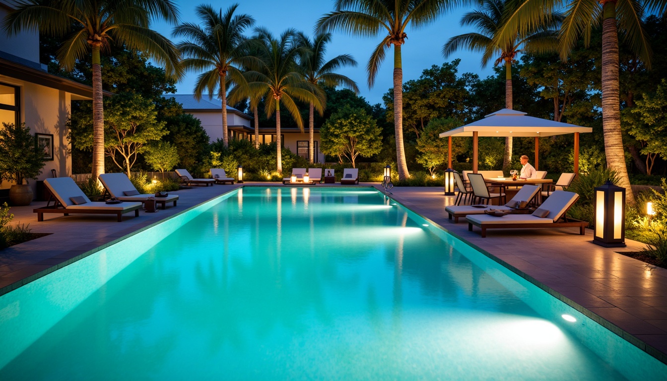 Prompt: Vibrant pool deck, turquoise water, sun-kissed surroundings, tropical palm trees, modern outdoor furniture, LED underwater lights, color-changing fiber-optic lights, stainless steel lanterns, sleek contemporary lamp posts, warm white ambiance, soft glowing accents, dramatic spotlighting, 3/4 composition, shallow depth of field, realistic reflections.