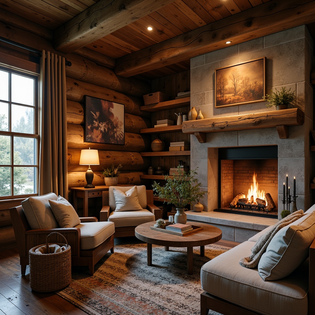 Prompt: Rustic cabin, wooden accents, natural textures, earthy tones, distressed finishes, vintage decor, cozy ambiance, warm candlelight, woven baskets, plush throw blankets, reclaimed wood furniture, metal hardware, natural fiber upholstery, stone fireplaces, lantern-style lighting, organic shapes, earthy scents, autumnal colors, soft focus, shallow depth of field, 1/1 composition.