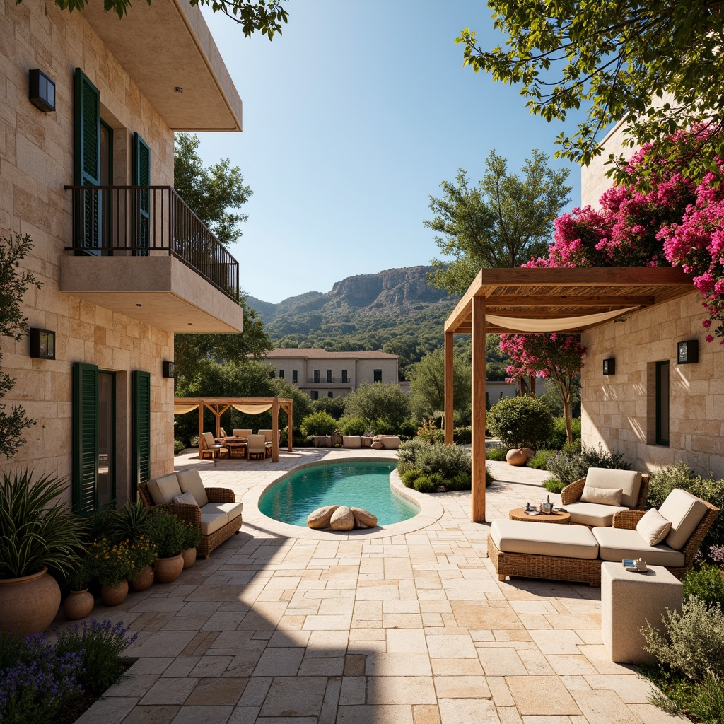 Prompt: Warm Mediterranean villa, rustic stone walls, curved archways, ornate balconies, turquoise waters, lush greenery, olive trees, vibrant bougainvillea, sunny day, soft warm lighting, shallow depth of field, 3/4 composition, panoramic view, realistic textures, ambient occlusion, outdoor seating areas, wooden pergolas, natural fabric canopies, woven wicker furniture, terracotta pots, fragrant herbs, scenic ocean views, gentle sea breeze.