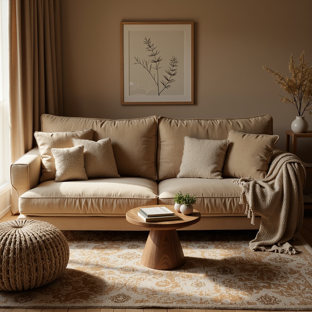 Prompt: Plush velvet sofa, soft woven cushions, richly patterned rugs, warm beige tones, cozy throw blankets, natural fiber upholstery, intricate embroidery details, subtle sheen fabrics, inviting living room, relaxed atmosphere, warm golden lighting, 1/1 composition, shallow depth of field, realistic textures, ambient occlusion.