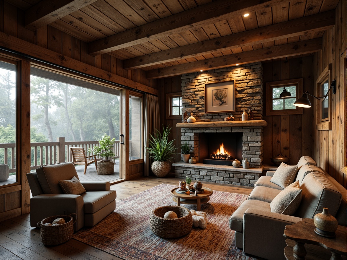 Prompt: Rustic cabin, wooden accents, distressed finishes, vintage decor, earthy tones, natural textiles, stone fireplace, wooden beams, cozy ambiance, warm lighting, plush furniture, woven baskets, nature-inspired artwork, forest surroundings, misty morning, soft focus, shallow depth of field, 1/1 composition, realistic textures, ambient occlusion.