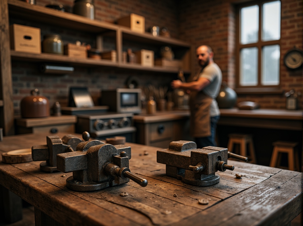 Prompt: Rustic wooden workbench, distressed finishes, metal vice grips, worn leather apron, vintage tool collections, wooden crates, exposed brick walls, earthy tones, warm soft lighting, shallow depth of field, 3/4 composition, realistic textures, ambient occlusion.