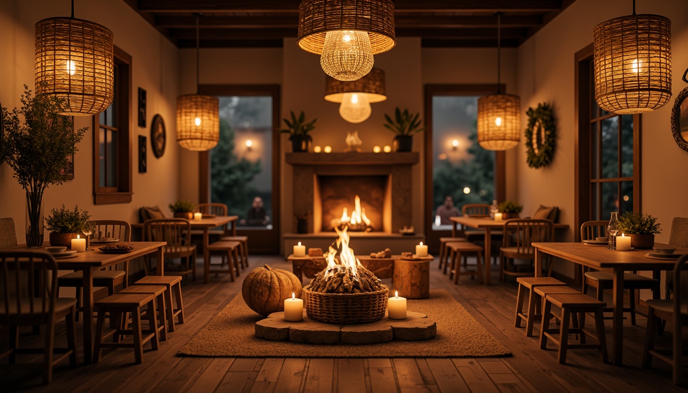 Prompt: Warm candlelight, soft lantern glow, rustic wooden chandeliers, dimmed pendant lamps, earthy color palette, natural textiles, woven baskets, vintage metal lanterns, distressed wood accents, cozy fireplaces, warm beige tones, softbox lighting, 1/1 composition, shallow depth of field, realistic textures, ambient occlusion.