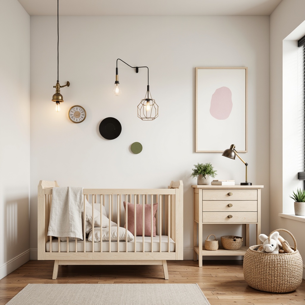 Prompt: Minimalist baby room, creamy white walls, warm wooden floor, modern crib, sleek changing table, geometric mobiles, soft pastel colors, natural textiles, woven baskets, industrial-chic lighting fixtures, exposed bulbs, metal shades, cylindrical lamps, adjustable arm lamps, minimalist switches, warm LED lighting, cozy reading nook, plush area rug, playful toy storage, Bauhaus-inspired decorative accents, circular shapes, primary color pops, whimsical wall art, serene atmosphere, soft focus, shallow depth of field.