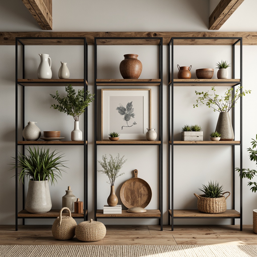 Prompt: Minimalist interior, open shelving units, reclaimed wood, industrial metal frames, decorative containers, potted greenery, stylish kitchenware, artisanal ceramics, woven baskets, natural textiles, airy atmosphere, abundant natural light, 3/4 composition, warm color palette, shallow depth of field, realistic textures.