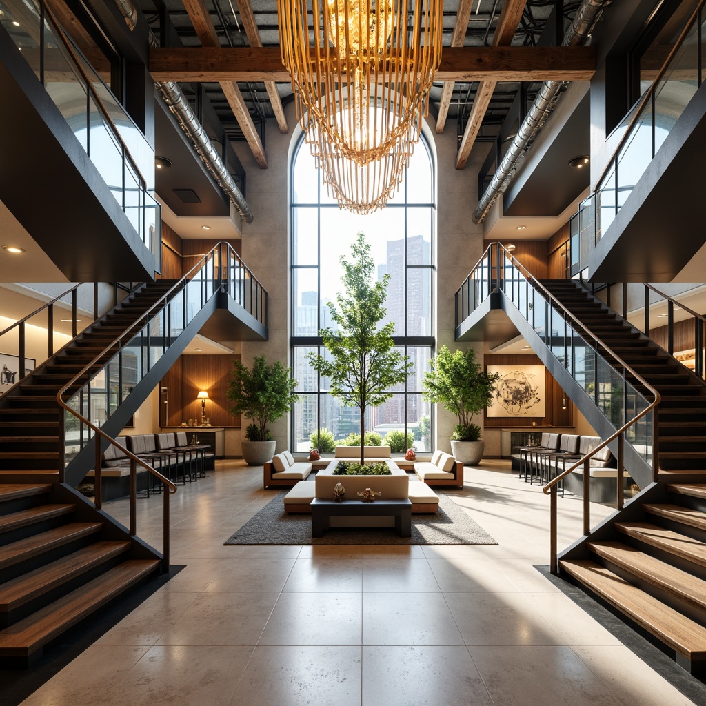 Prompt: Grand atrium, sweeping staircase, polished marble floors, elegant railings, modern chandelier, natural light pouring in, high ceilings, spacious open plan, comfortable seating areas, lush greenery, wooden accents, industrial metal beams, urban loft atmosphere, soft warm lighting, shallow depth of field, 1/2 composition, realistic textures, ambient occlusion.