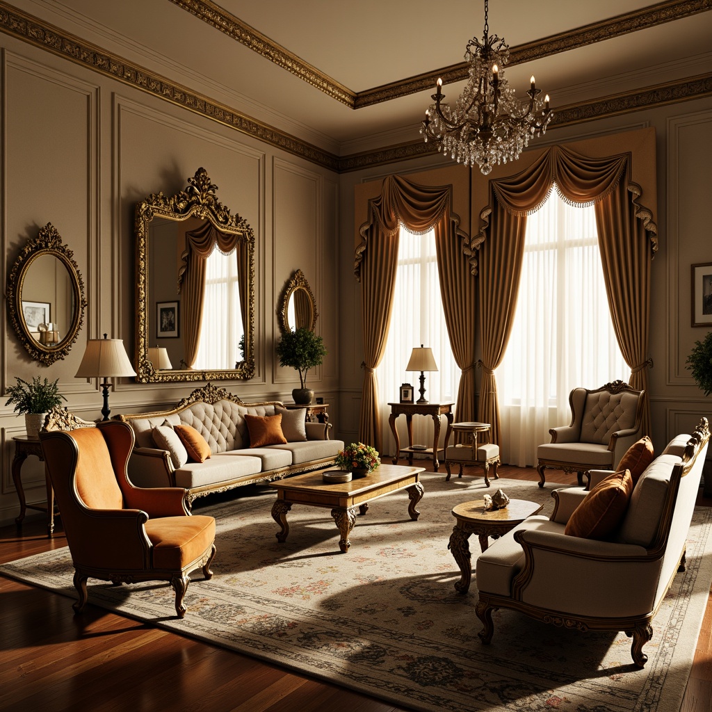 Prompt: Ornate classic furniture, rich velvet upholstery, carved wooden legs, intricate inlays, gilded details, luxurious fabrics, ornamental mirrors, crystal chandeliers, stately armchairs, refined coffee tables, elegant sofas, distressed leather accents, warm beige tones, soft golden lighting, shallow depth of field, 2/3 composition, realistic textures, ambient occlusion.