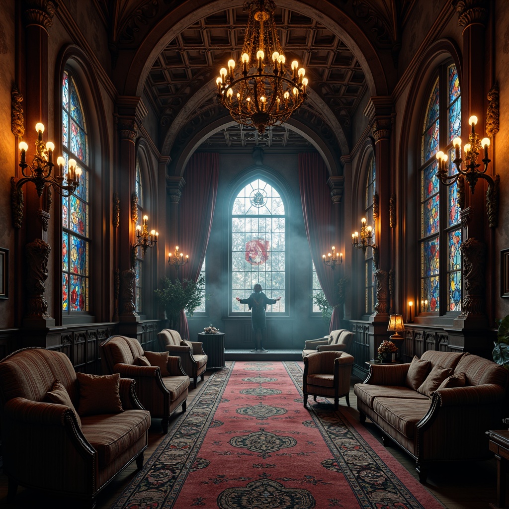 Prompt: Ornate gothic arches, mysterious dark wood paneling, luxurious velvet drapes, intricately patterned rugs, opulent golden accents, mystical stained glass windows, grand chandeliers, dramatic coved ceilings, richly upholstered furniture, lavish tapestries, mysterious crypt-like atmosphere, flickering candlelight, eerie shadows, atmospheric fog, cinematic lighting, 3/4 composition, symmetrical framing, high contrast ratio.