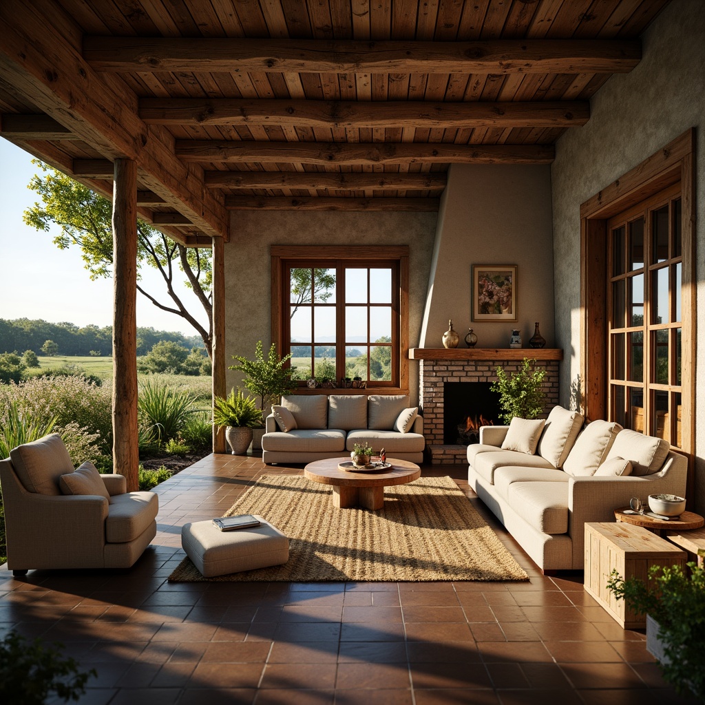 Prompt: Rustic farmhouse, vintage decor, distressed wood accents, natural stone walls, earthy color palette, cozy living spaces, plush furniture, soft warm lighting, wooden beam ceilings, brick fireplaces, countryside views, rolling hills, lush greenery, wildflowers, sunny afternoon, shallow depth of field, 1/2 composition, realistic textures, ambient occlusion.