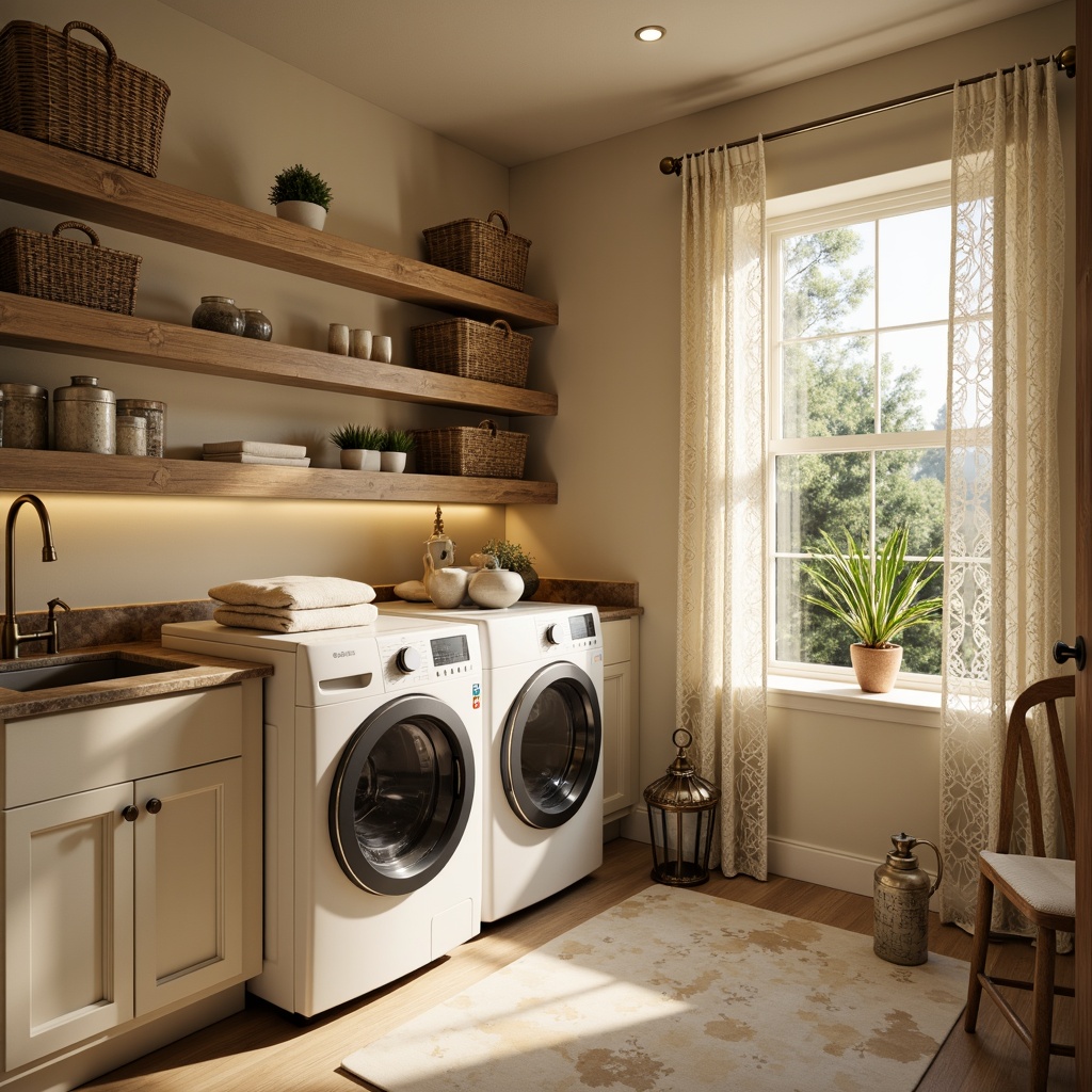 Prompt: Cozy laundry room, warm beige walls, soft cream-colored cabinets, antique bronze fixtures, vintage-inspired lighting, rustic wooden shelves, woven baskets, delicate lace curtains, creamy marble countertops, ornate metal lanterns, warm golden lighting, softbox lighting, 1/1 composition, shallow depth of field, realistic textures, ambient occlusion.