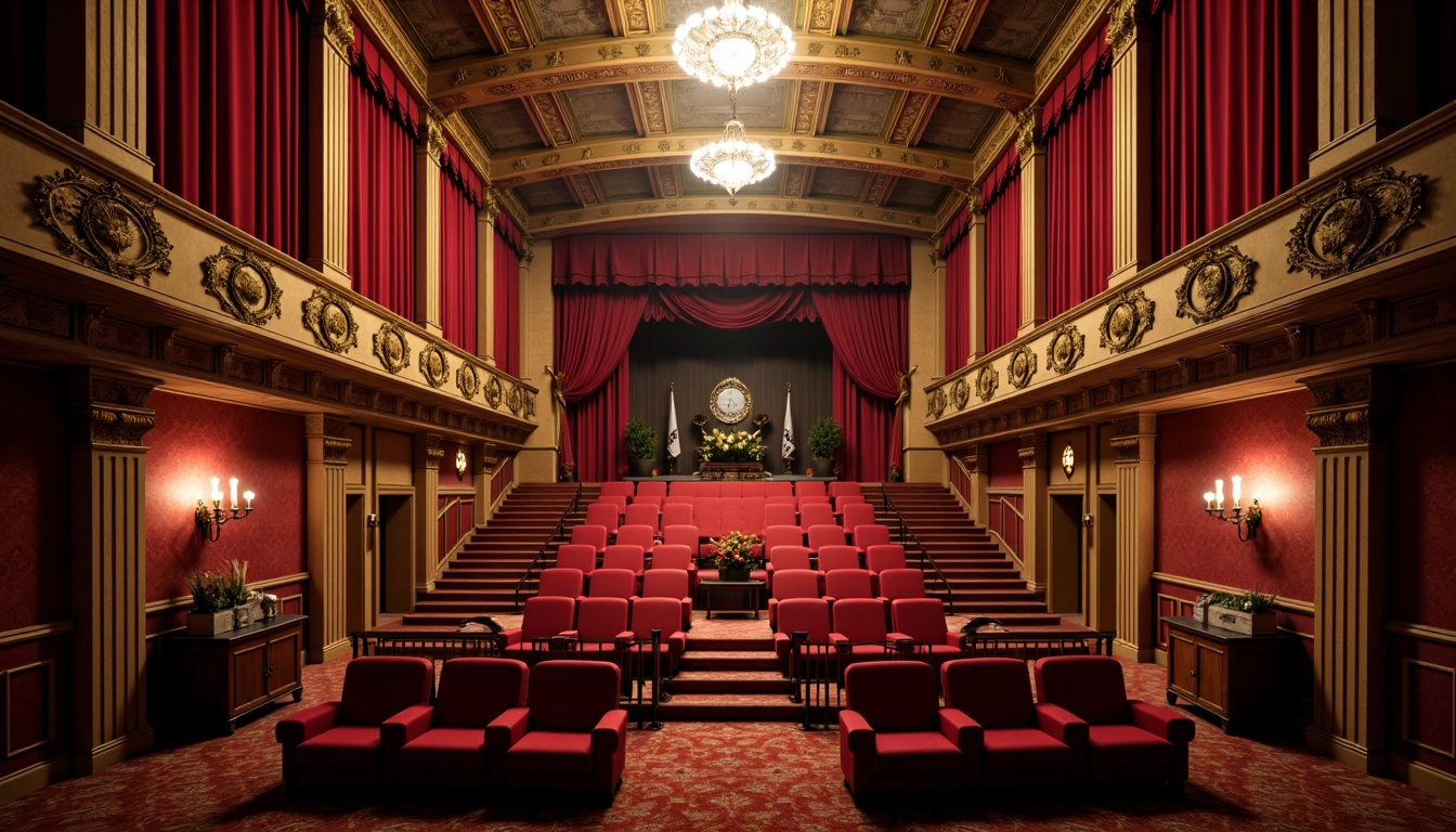 Prompt: Luxurious theater interior, rich velvet curtains, ornate golden details, plush red seating, dramatic spotlights, soft warm glow, subtle shadows, intimate ambiance, classical architecture, intricate moldings, grand chandeliers, lavish furnishings, opulent drapery, majestic high ceilings, elegant staircases, refined color scheme, sophisticated neutrals, bold accent walls, dynamic contrast, 3/4 composition, shallow depth of field, cinematic lighting, realistic textures.