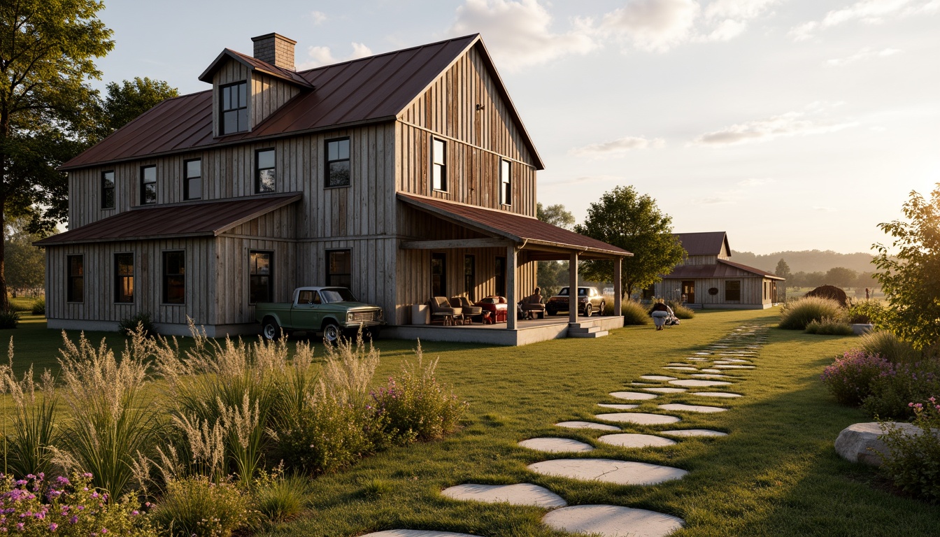 Prompt: Rustic farmhouse, weathered wooden planks, distressed metal roofs, vintage farm equipment, wildflower fields, natural stone pathways, reclaimed wood accents, earthy color palette, warm golden lighting, soft focus, shallow depth of field, 1/2 composition, rustic textures, ambient occlusion.