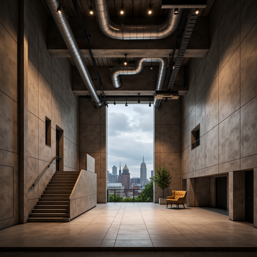 Prompt: Raw concrete walls, exposed ductwork, industrial pipes, minimalist stage, brutalist architecture, dramatic spotlights, warm floor lamps, cold overhead lighting, stark shadows, high ceilings, grand staircases, bold color schemes, urban cityscape views, cloudy day, soft ambient glow, shallow depth of field, 1/1 composition, realistic textures, ambient occlusion.