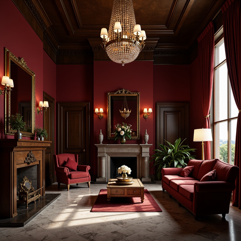 Prompt: Maroon accent walls, luxurious velvet drapes, rich wooden furniture, ornate golden frames, lavish crystal chandeliers, opulent marble floors, dramatic high ceilings, moody warm lighting, cinematic shadows, 1/1 composition, close-up shot, realistic textures, ambient occlusion.