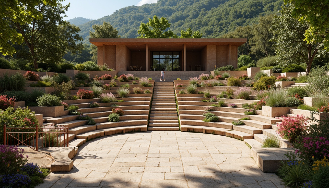 Prompt: Amphitheater seating, tiered rows, natural stone steps, lush greenery surroundings, vibrant flowering plants, warm sunny day, soft warm lighting, shallow depth of field, 3/4 composition, panoramic view, realistic textures, ambient occlusion, earthy tone color palette, terracotta red accents, sage green undertones, creamy beige highlights, deep blue shadows, rusted metal railings, wooden benches, modern architecture, minimalist design.