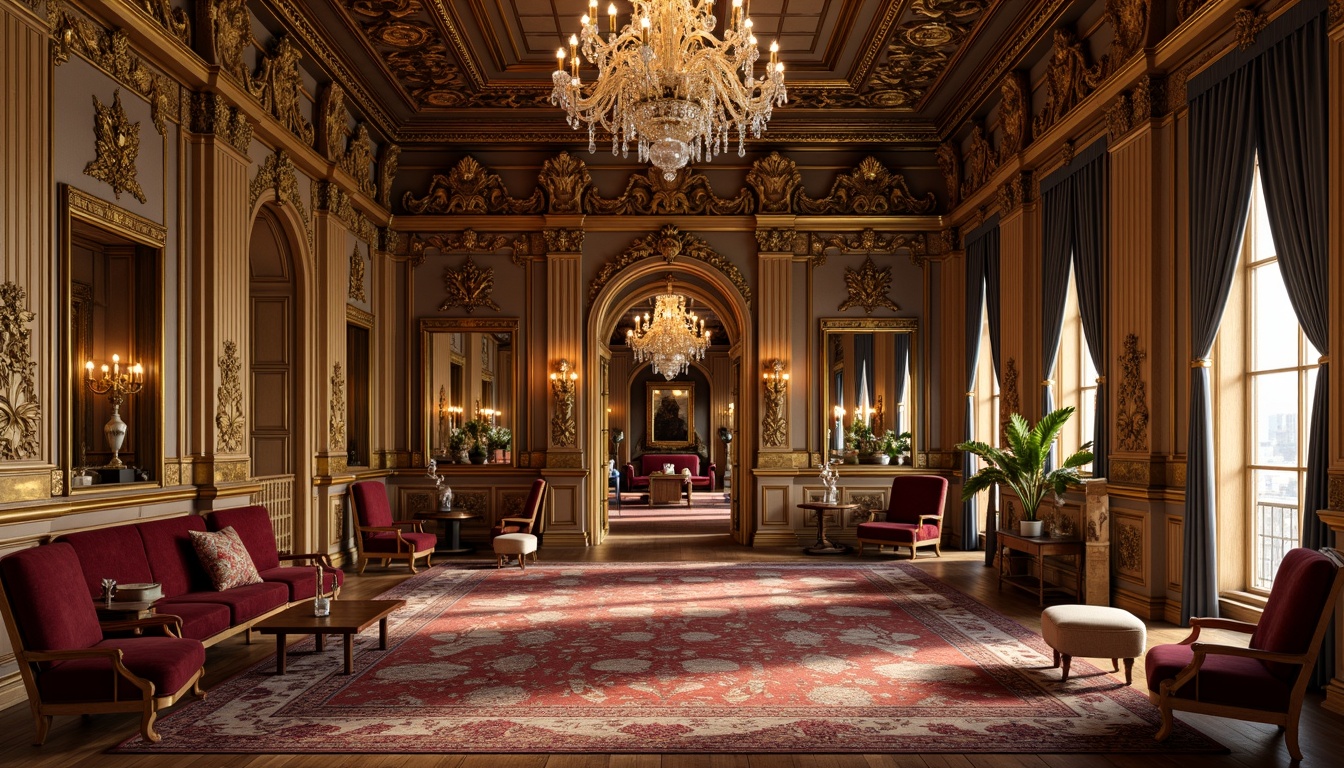 Prompt: Ornate palace interior, gilded frames, intricate carvings, luxurious velvet fabrics, golden accents, curved lines, ornamental mirrors, crystal chandeliers, richly patterned rugs, Baroque-inspired furnishings, intricately carved wooden panels, soft warm lighting, shallow depth of field, 1/1 composition, realistic textures, ambient occlusion.