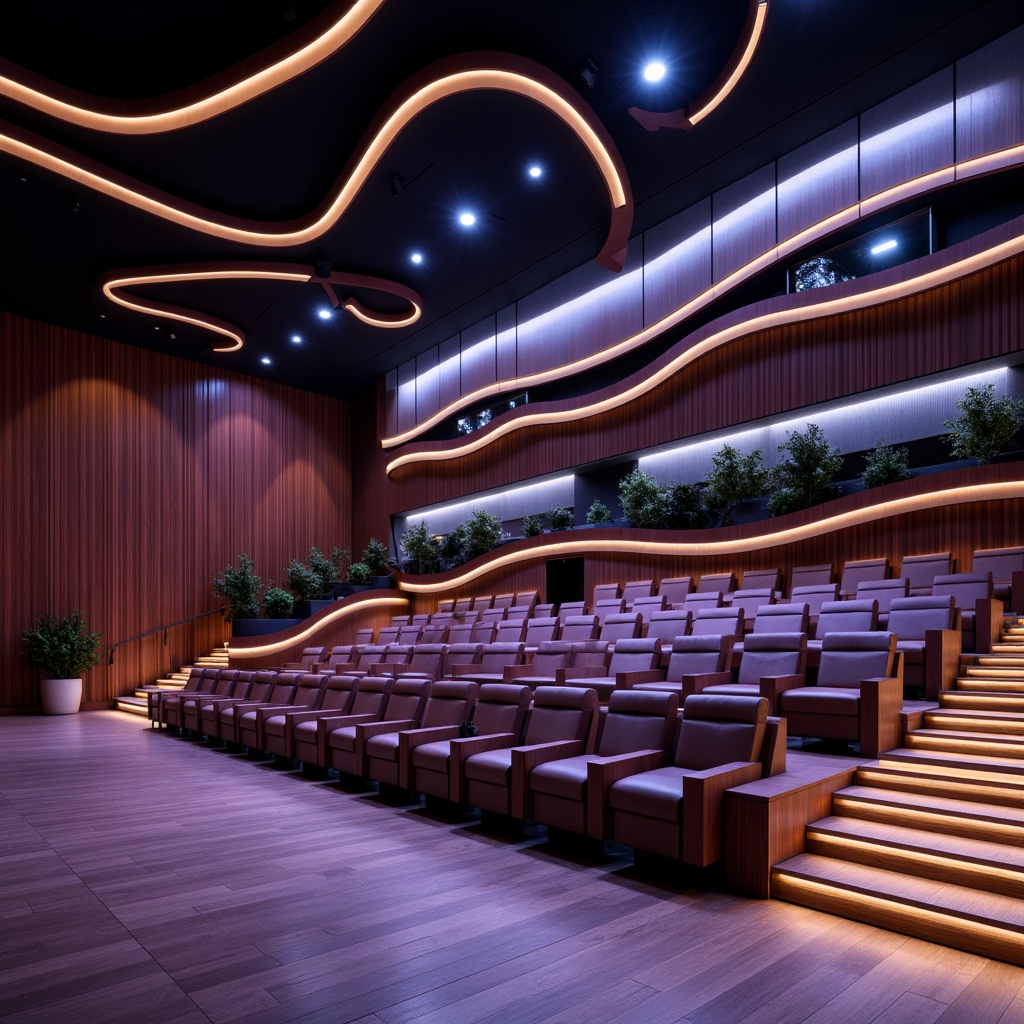 Prompt: Modern theater interior, sleek contemporary design, curved lines, minimalist aesthetic, premium leather seats, metallic accents, ambient LED lighting, raised platforms, staggered seating arrangement, open floor plan, spacious walkways, polished wooden floors, acoustic panels, sound-absorbing materials, vibrant color scheme, bold geometric patterns, dynamic spotlights, 3/4 composition, shallow depth of field, realistic textures.